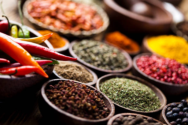 Spice still life, wooden bowl